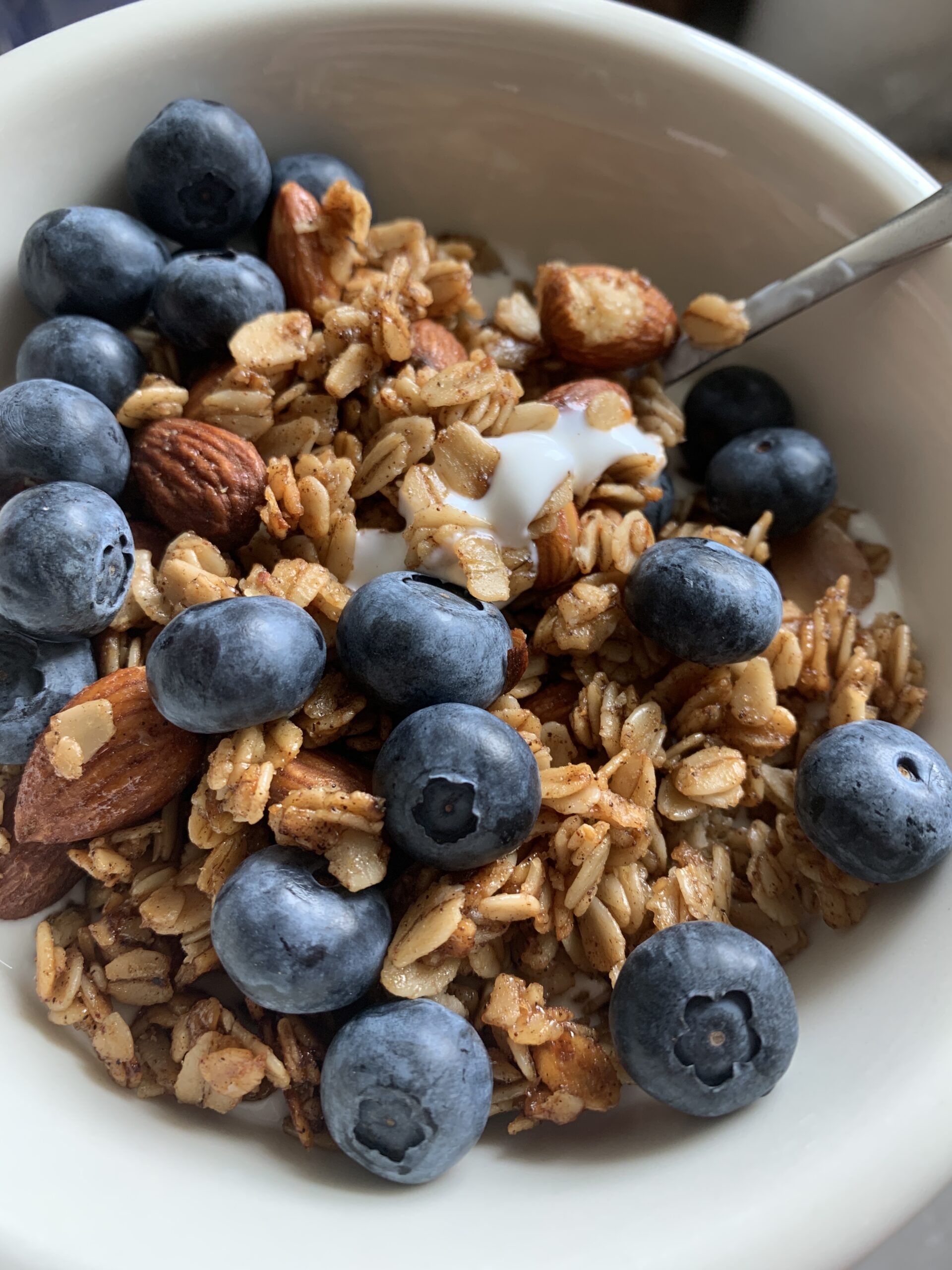 granola and yogurt topped with blueberries